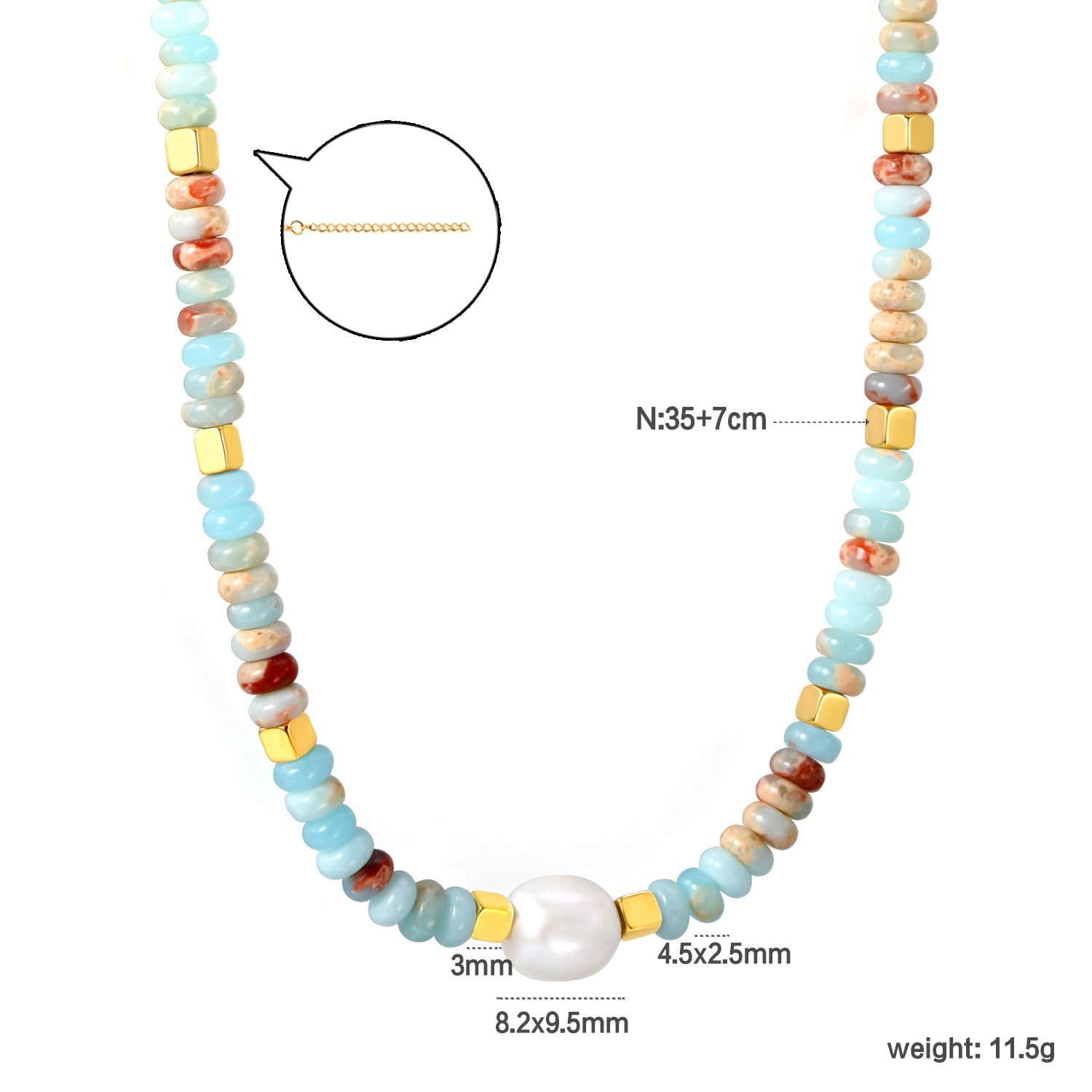 4.5*2.5mm Round Flat Imitation Shoushan Stone+3mm Square+8.2*9.5mm Freshwater Pearls Necklace 35+7cm+6mm Round Necklace GOLDEN asonjewelry