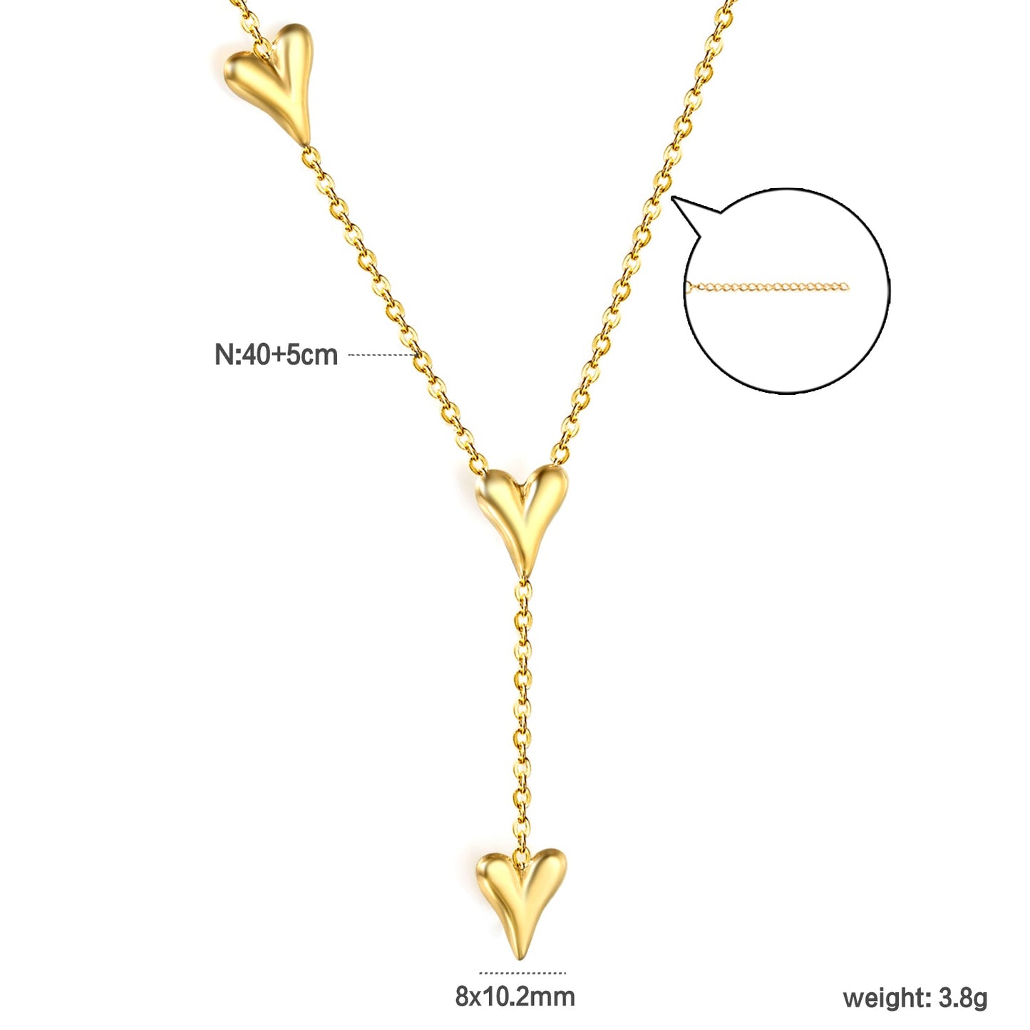 Wholesale 8 x 10.2mm 3 heart-shaped accessories 40+5cm+6mm round pendant necklace, gold asonjewelry