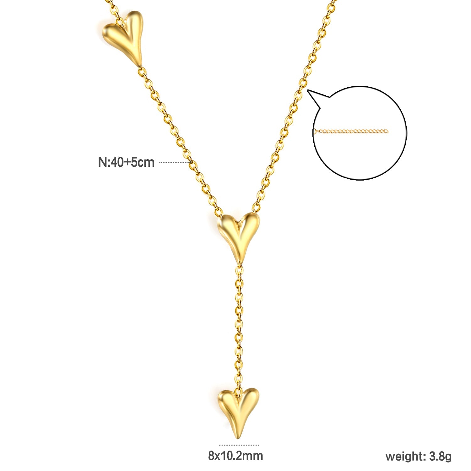 Wholesale 8 x 10.2mm 3 heart-shaped accessories 40+5cm+6mm round pendant necklace, gold asonjewelry