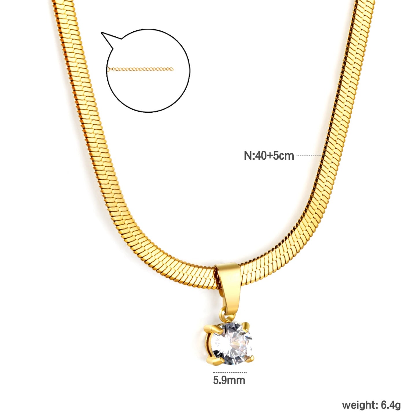 5.9 mm round white diamond pendant, 3.2 mm blade chain 40 + 5 cm + 6 mm round tail tag necklace, gold asonjewelry