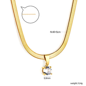 5.9 mm round white diamond pendant, 3.2 mm blade chain 40 + 5 cm + 6 mm round tail tag necklace, gold