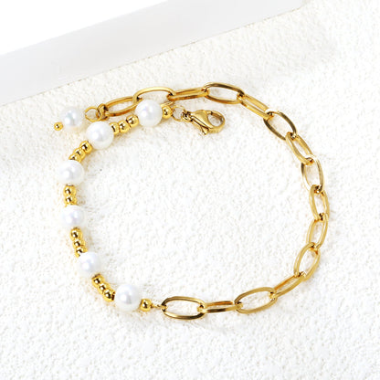 3mm*17pcs steel beads+6mm*7pcs white pearls+12cm cross matching chain bracelet 22cm asonjewelry