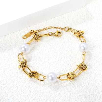 6 Knots + 9.6mm*3 Round White Pearls Bracelet 17+4cm asonjewelry