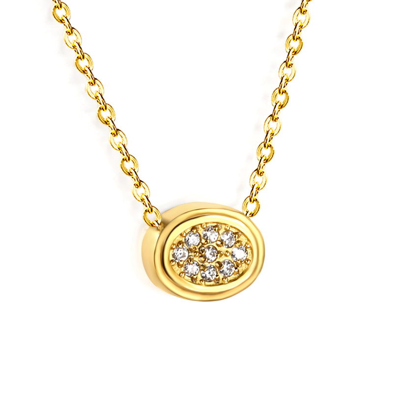 8.6*6.8mm Convex Oval CNC Zirconia Pendant 0.3 Cross Chain 40+5cm+6mm Round Necklace Gold color