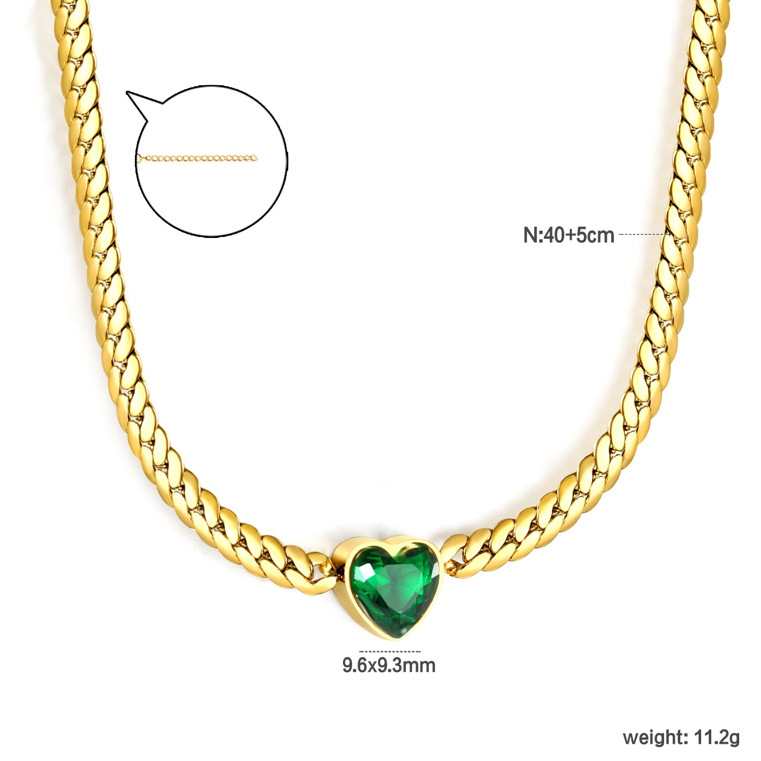 12.2mm White/Green Diamond Heart Pendant 4mm Golden Dragon Necklace 40+5cm+3*10mm Square Tail Plate/Cone Tail Plate Necklace Golden asonjewelry