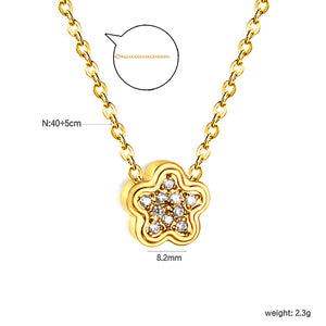 8.2mm beveled five-petal flower-shaped CNC white zirconium pendant with 0.3mm cross chain, 40cm + 5cm + 6mm round tag necklace in steel color/gold color