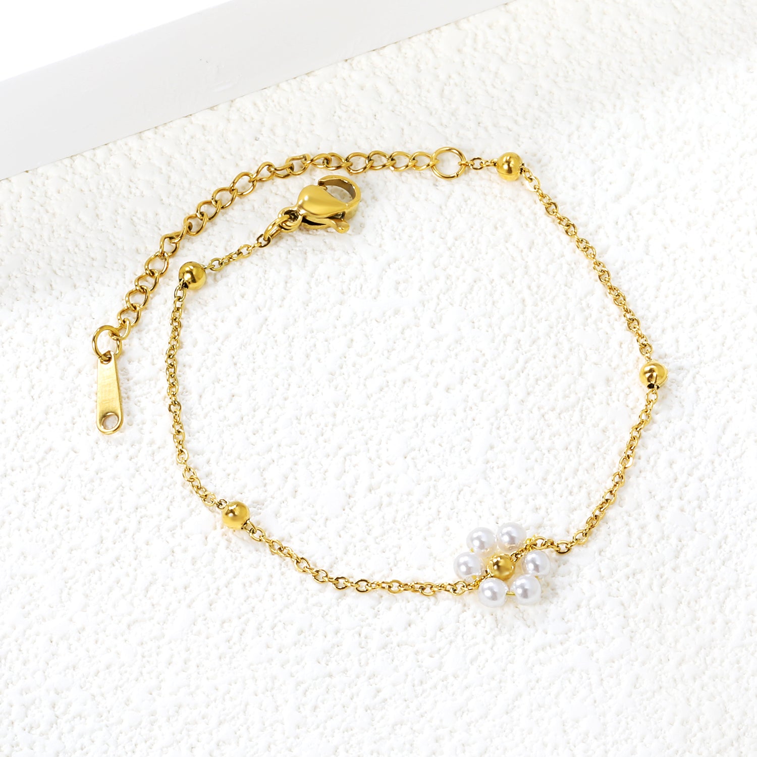 3mm*5 Steel Beads+1 Flower White Pearl Bracelet 16+5cm asonjewelry