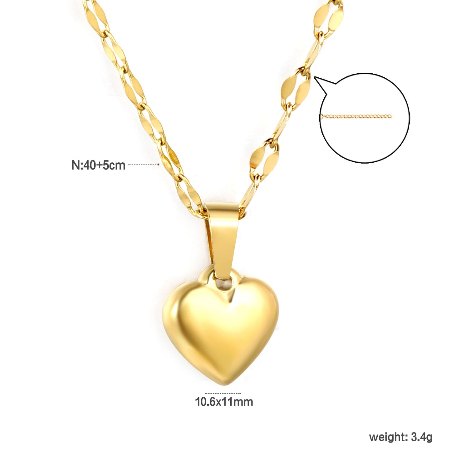 10.6x11mm 3D heart pendant lip chain 40+5cm necklace, gold asonjewelry