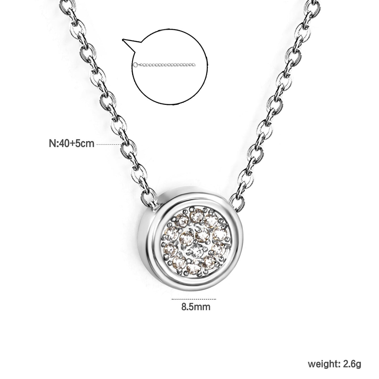 8.5mm beveled round CNC white zirconia pendant 0.3 cross chain 40+5cm+6mm round pendant necklace steel color/gold color asonjewelry