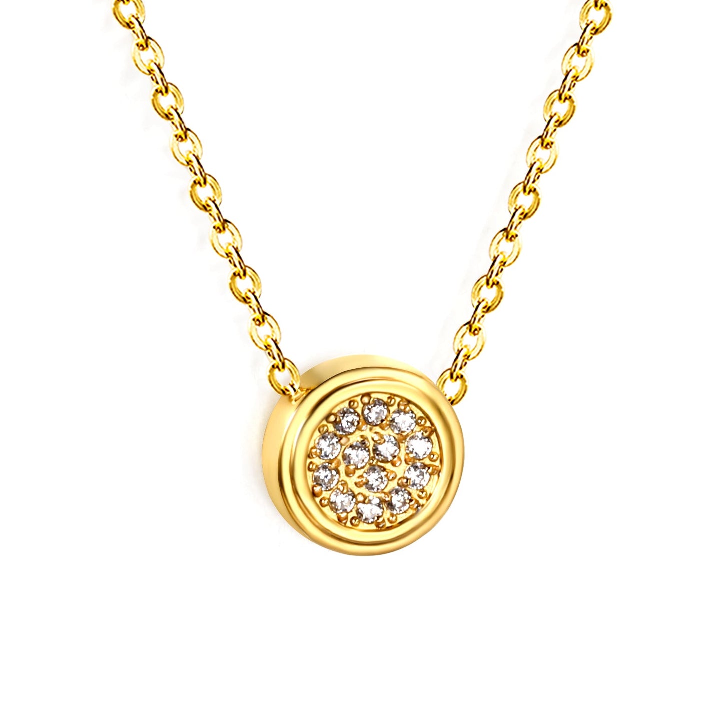 8.5mm beveled round CNC white zirconia pendant 0.3 cross chain 40+5cm+6mm round pendant necklace steel color/gold color asonjewelry