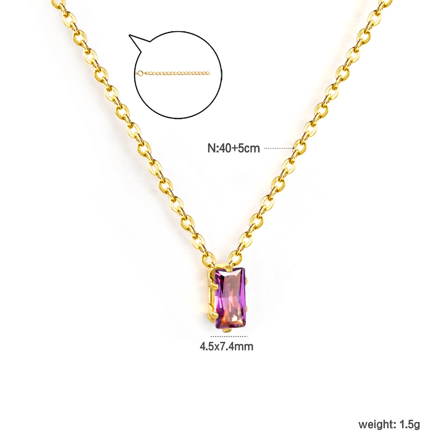4.5*7.4mm Square White/Purple/Champagne Zircon Pendant 0.3 Cross Chain 40+5cm+6mm Round Tail Plaque Necklace GOLDEN asonjewelry