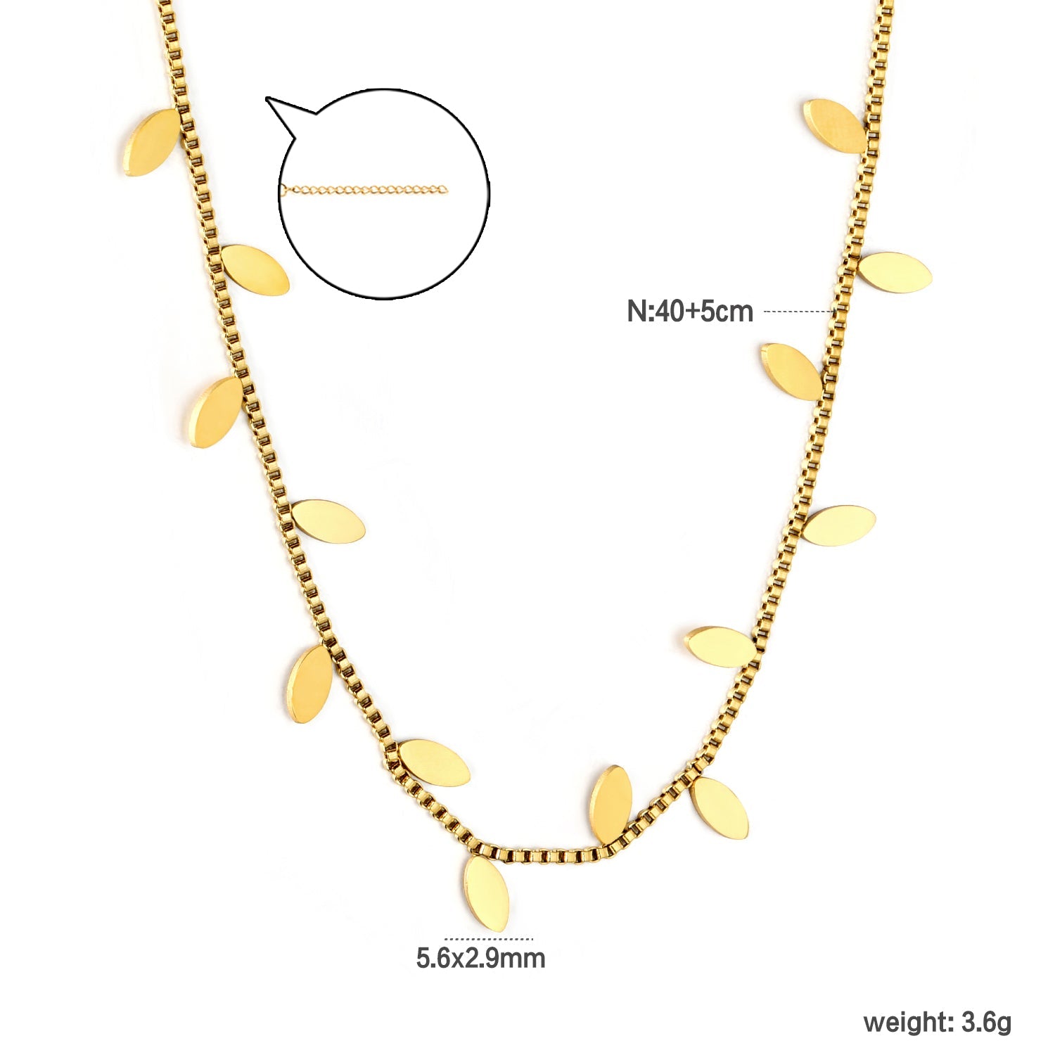 5.6*2.9mm Vine Shape 1.0 Box Chain 40+5cm+6mm Round Tail Plaque Necklace Steel/Golden asonjewelry