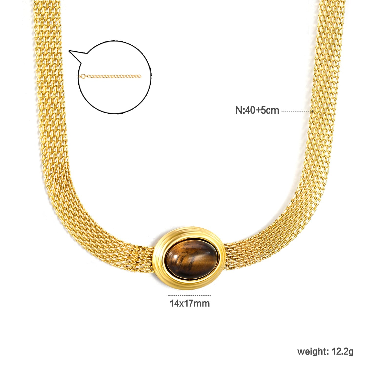 14*17mm Oval with white cat's eye/tiger eye pendant Thick 1*Wide 6mm Mesh Chain 40+5cm+6mm Round Necklace Golden asonjewelry