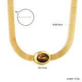14*17mm Oval with white cat's eye/tiger eye pendant Thick 1*Wide 6mm Mesh Chain 40+5cm+6mm Round Necklace Golden