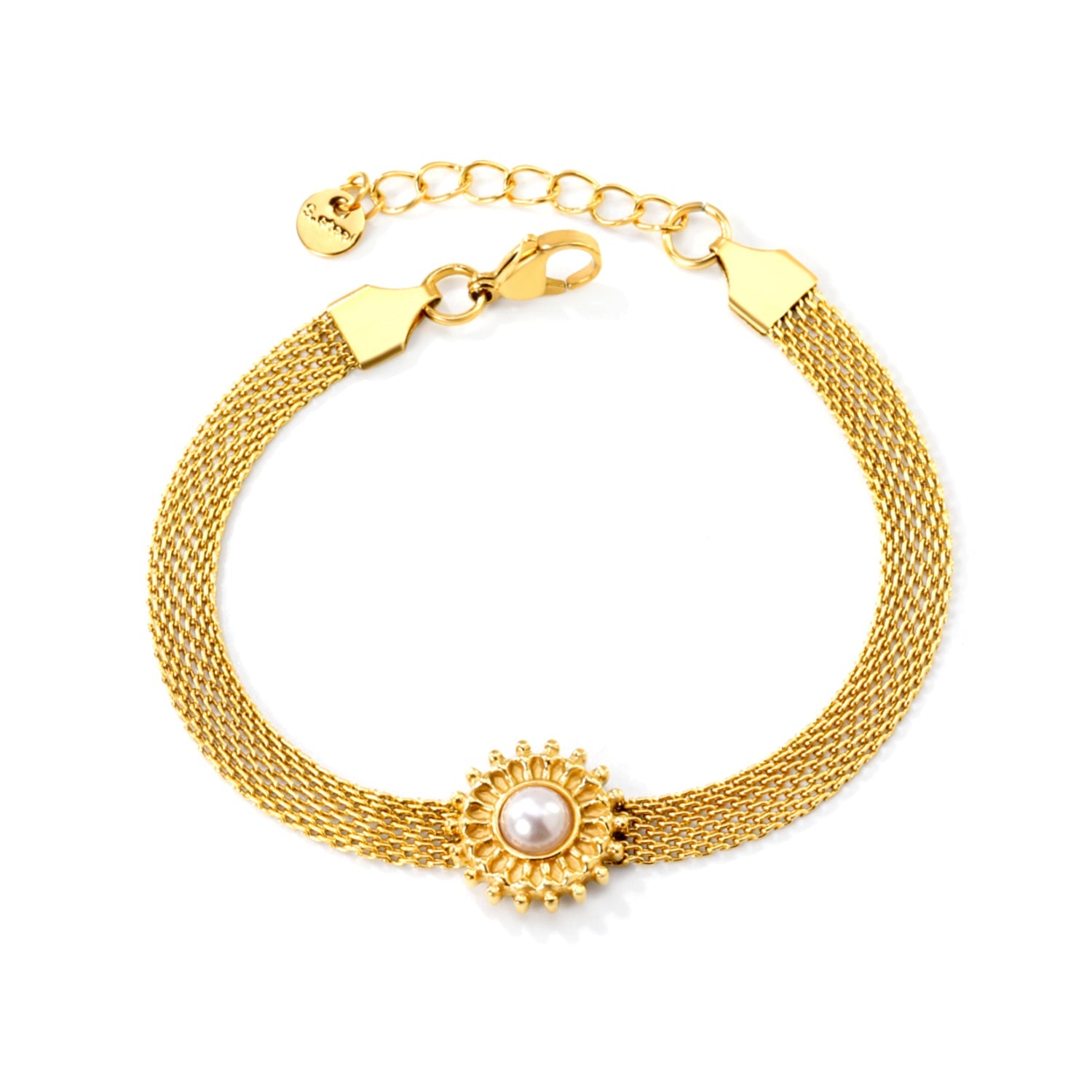 15mm round with imitation white pearl/pink crystal/tiger's eye accessories Thick 1*Width 6mm mesh chain 18+3cm+6mm round plaque Bracelet gold color asonjewelry