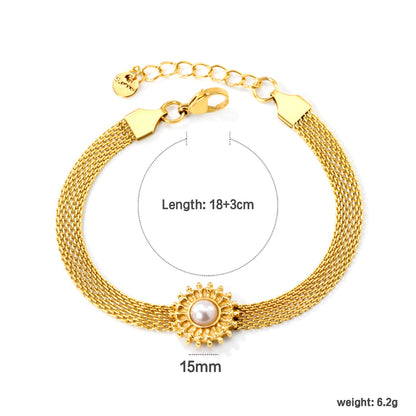15mm round with imitation white pearl/pink crystal/tiger's eye accessories Thick 1*Width 6mm mesh chain 18+3cm+6mm round plaque Bracelet gold color asonjewelry