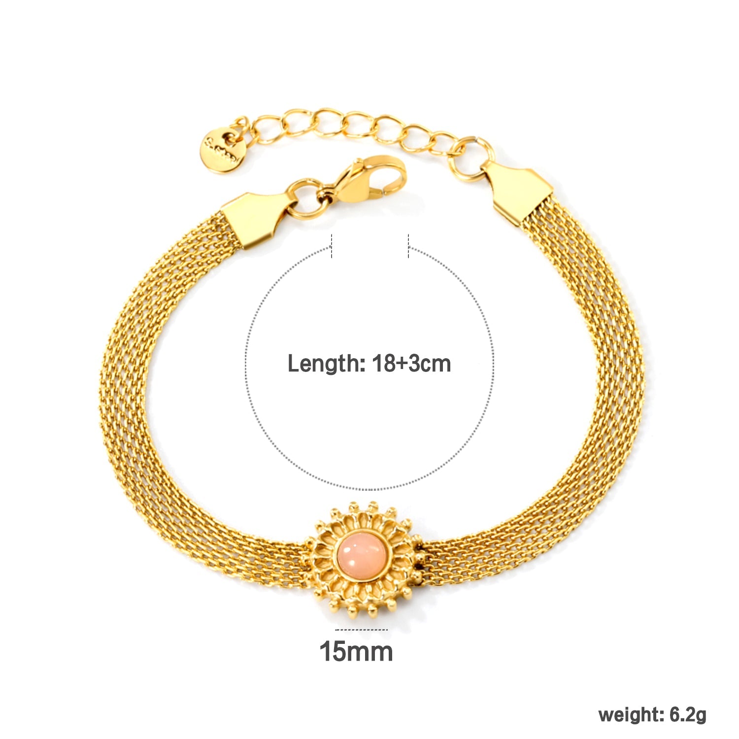 15mm round with imitation white pearl/pink crystal/tiger's eye accessories Thick 1*Width 6mm mesh chain 18+3cm+6mm round plaque Bracelet gold color asonjewelry