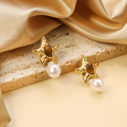 Starfish Pitted Faceted with Oval Brown Cat's Eye Stones + Shaped White Pearl Stud Earrings 21.5*36mm asonjewelry