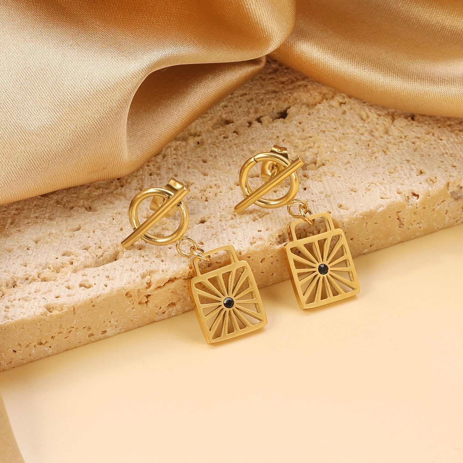 Square Cutout with Green Diamonds + Round Circle Horizontal Bar Earrings 15*28mm asonjewelry