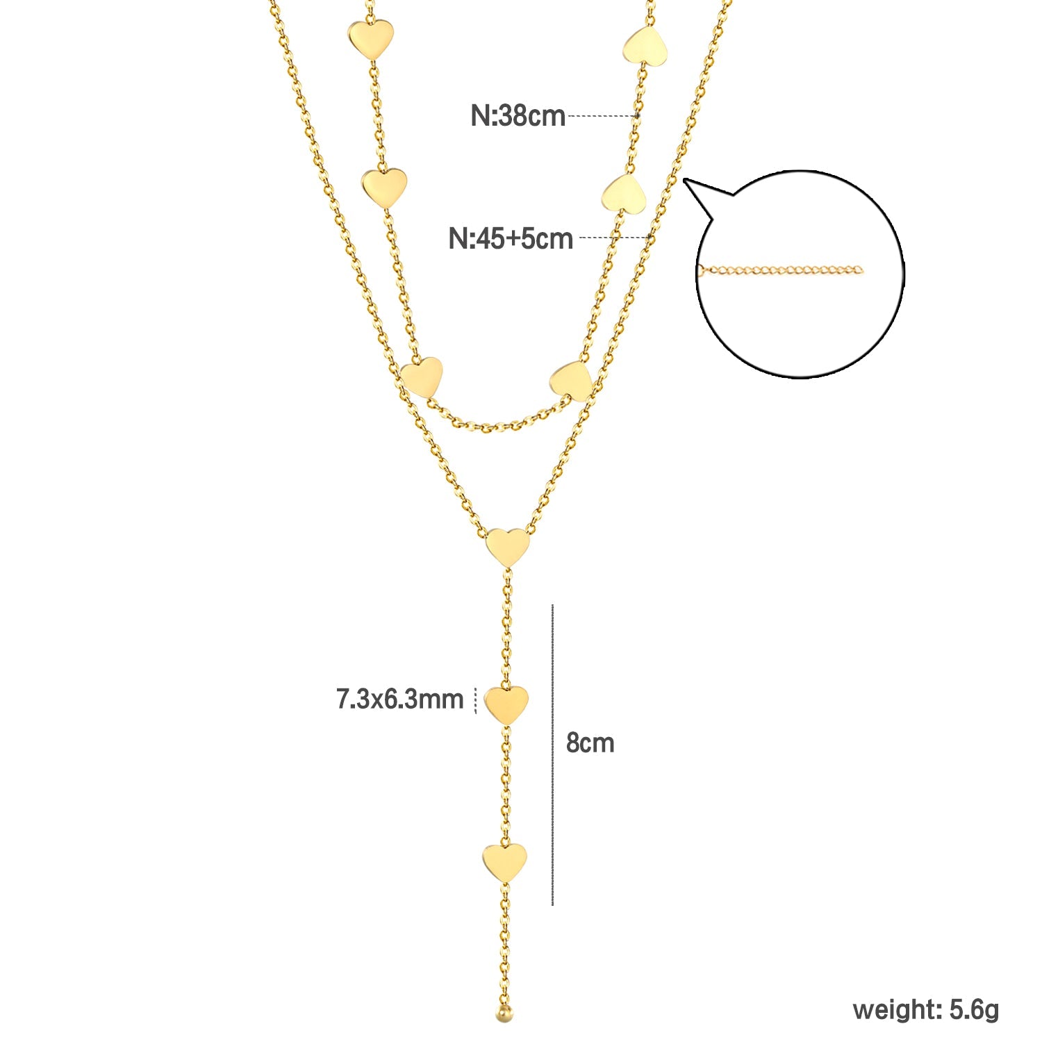 7.3*6.3mm Heart 8cm Tassel Accessories 38+45+5cm+6mm Round Tail Plaque Double Chain Necklace Gold asonjewelry