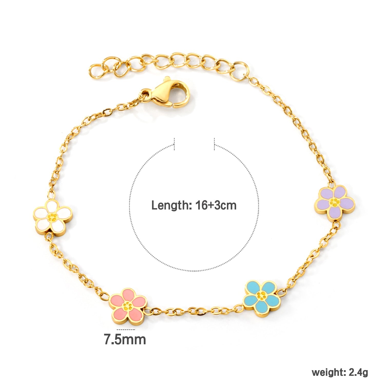 7.5mm Mixed Color Oil Drip Flower Bracelet 16+3cm Golden asonjewelry