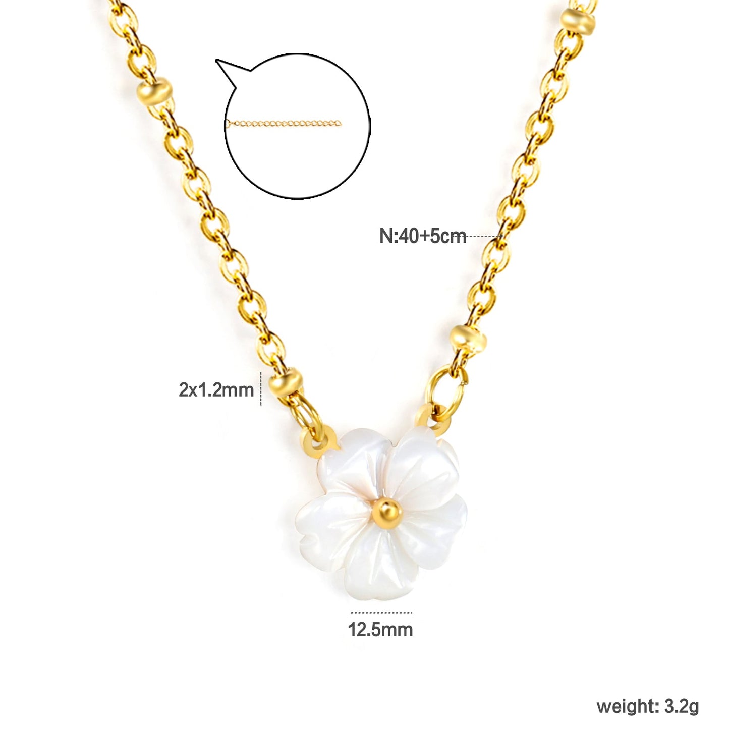 12.5mm white shell peach blossom flower clasp bead chain 40+5cm+6mm round pendant necklace, gold asonjewelry
