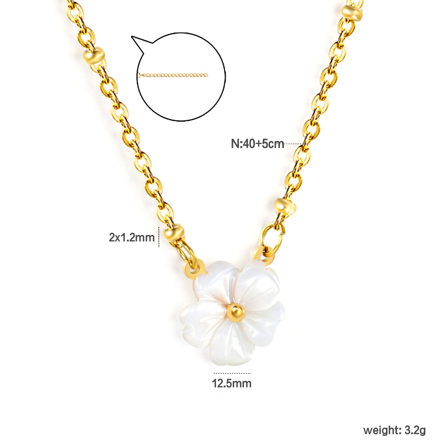 12.5mm white shell peach blossom flower clasp bead chain 40+5cm+6mm round pendant necklace, gold asonjewelry
