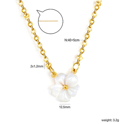 12.5mm white shell peach blossom flower clasp bead chain 40+5cm+6mm round pendant necklace, gold asonjewelry