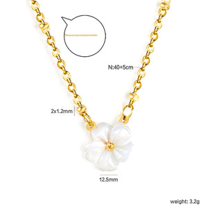 12.5mm white shell peach blossom flower clasp bead chain 40+5cm+6mm round pendant necklace, gold