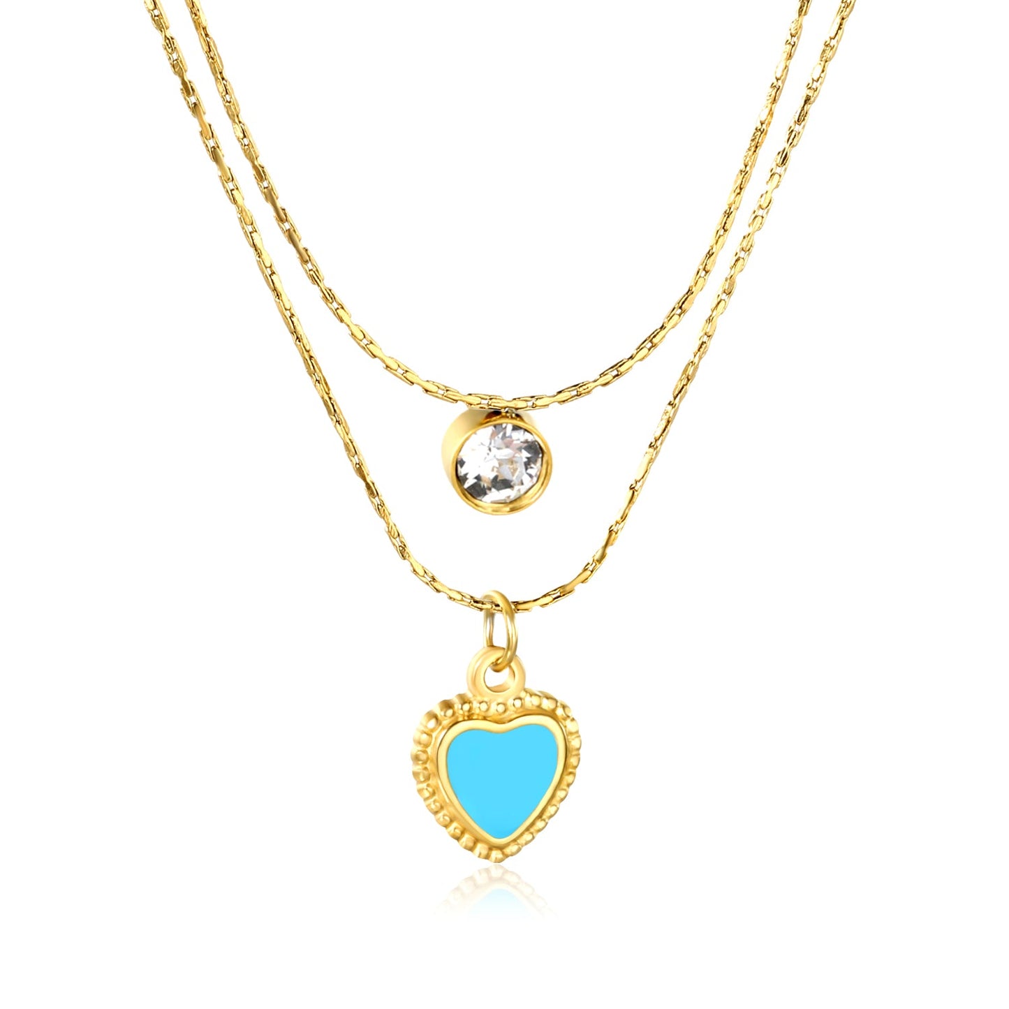 5mm cylindrical white diamond + 8.5x11.1mm blue teardrop heart 0.9 hammered square chain 50+40+5cm + 6mm round tag double chain necklace, gold asonjewelry