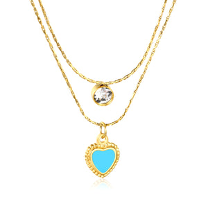 5mm cylindrical white diamond + 8.5x11.1mm blue teardrop heart 0.9 hammered square chain 50+40+5cm + 6mm round tag double chain necklace, gold