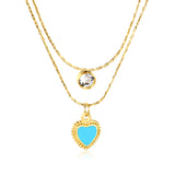 5mm cylindrical white diamond + 8.5x11.1mm blue teardrop heart 0.9 hammered square chain 50+40+5cm + 6mm round tag double chain necklace, gold
