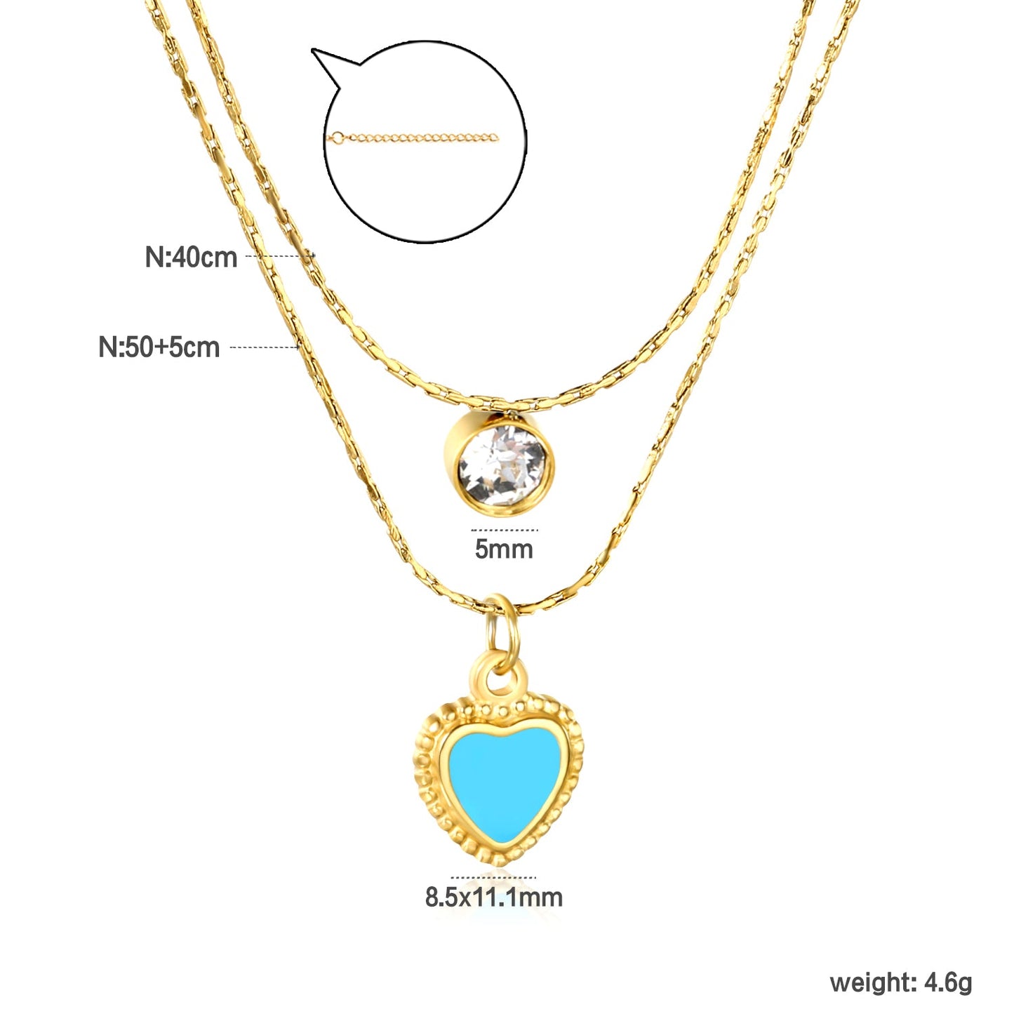 5mm cylindrical white diamond + 8.5x11.1mm blue teardrop heart 0.9 hammered square chain 50+40+5cm + 6mm round tag double chain necklace, gold asonjewelry