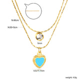 5mm cylindrical white diamond + 8.5x11.1mm blue teardrop heart 0.9 hammered square chain 50+40+5cm + 6mm round tag double chain necklace, gold