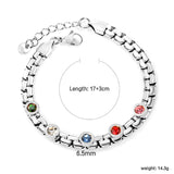 6.5mm round cake with mixed color zirconia+width 6*thick 2.8mm chain Bracelet 17cm+3cm+6mm round end tag Steel/Golden