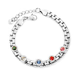 6.5mm round cake with mixed color zirconia+width 6*thick 2.8mm chain Bracelet 17cm+3cm+6mm round end tag Steel/Golden