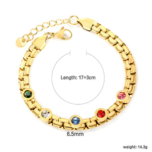 6.5mm round cake with mixed color zirconia+width 6*thick 2.8mm chain Bracelet 17cm+3cm+6mm round end tag Steel/Golden