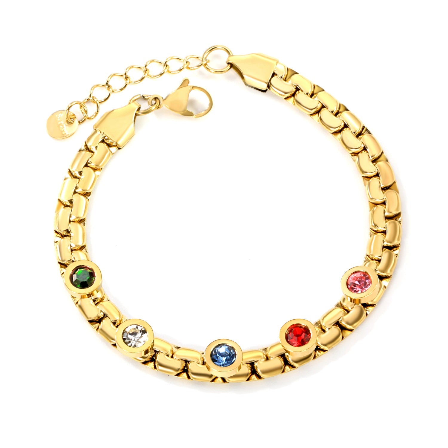 6.5mm round cake with mixed color zirconia+width 6*thick 2.8mm chain Bracelet 17cm+3cm+6mm round end tag Steel/Golden asonjewelry