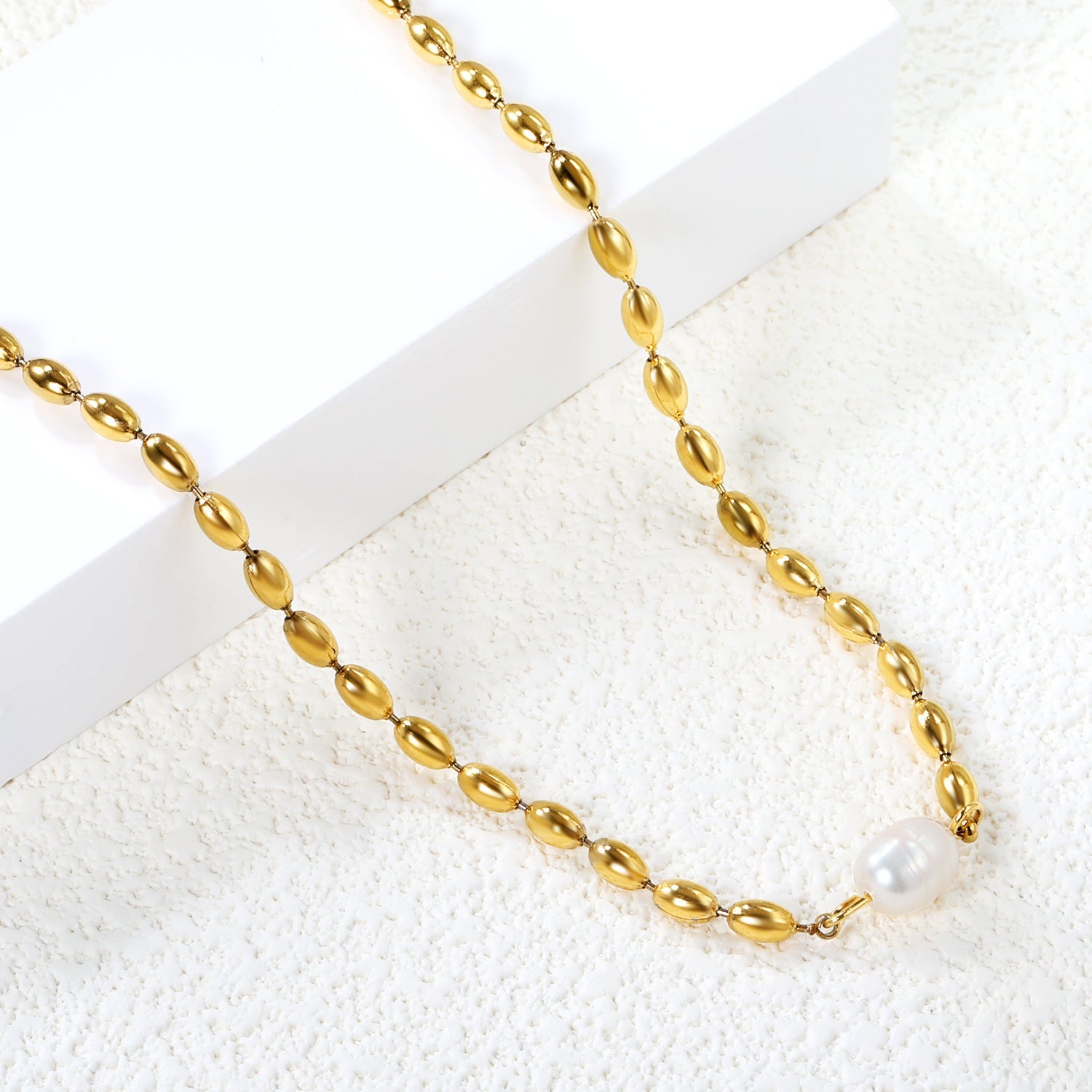 Wheat bead chain with 6.3*8mm*1 oval white pearl necklace 41+5cm asonjewelry
