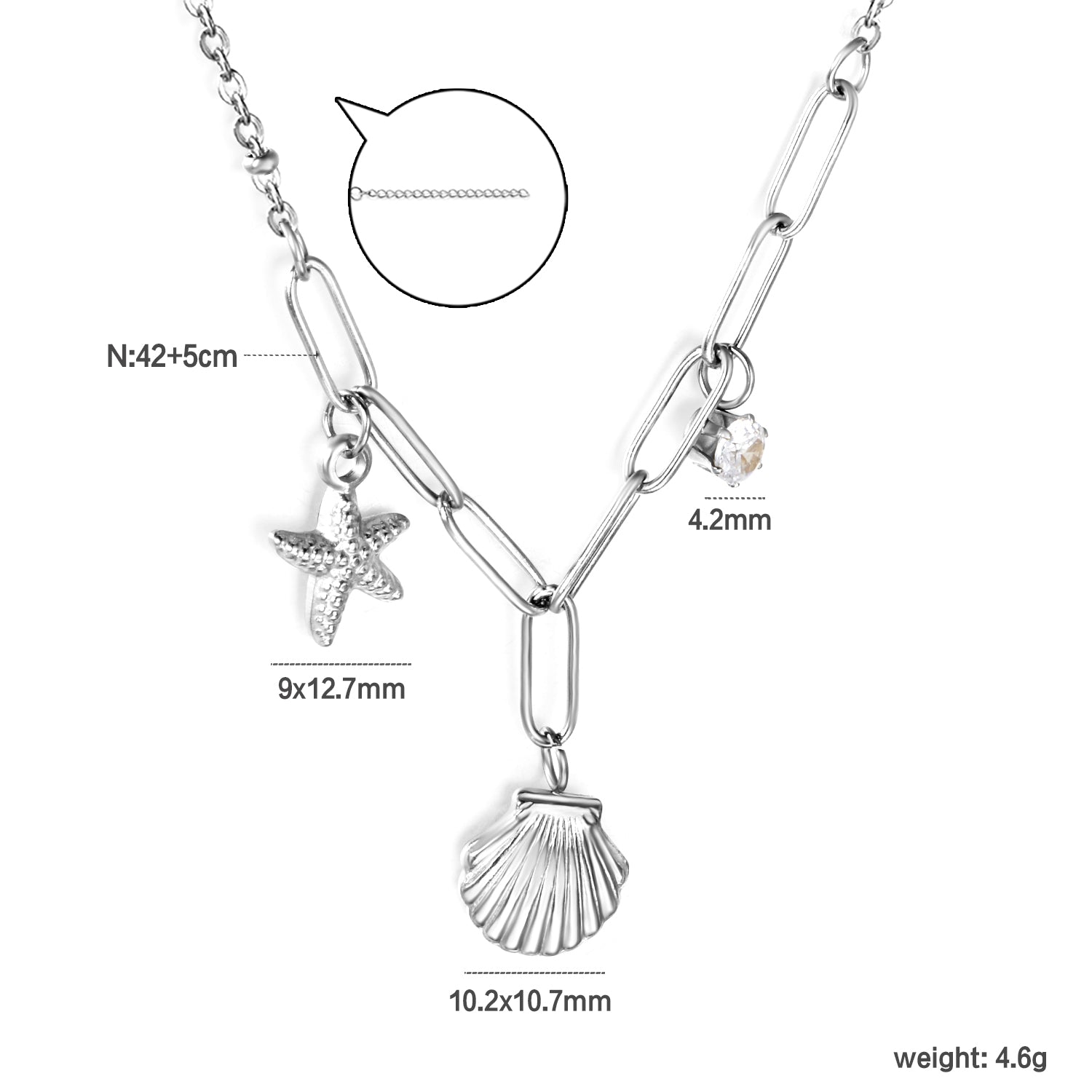 10.2*10.7mm shell+9*12.7mm starfish+4.2mm cylindrical white diamonds 42+5cm+10*3cm necklace steel/golden asonjewelry