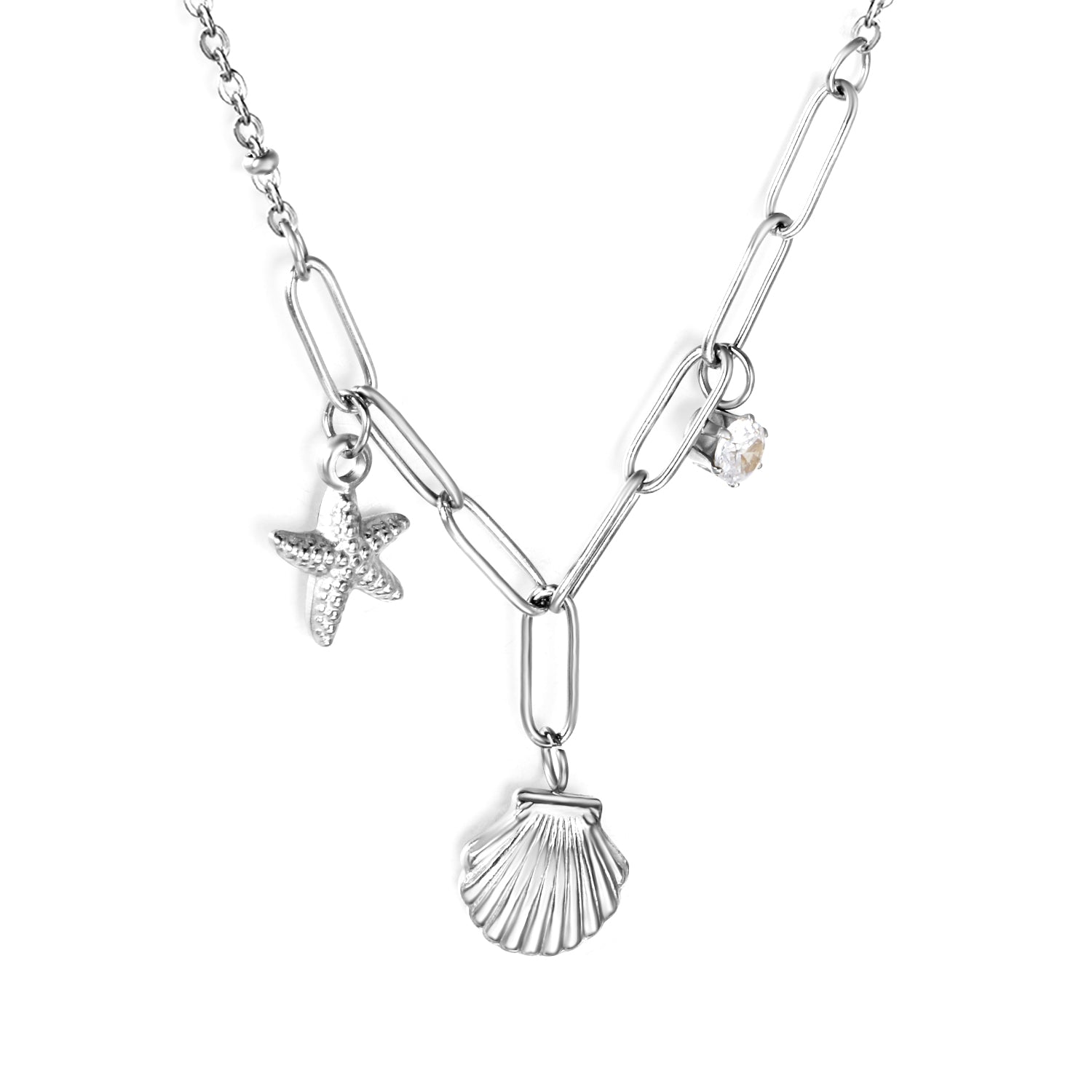 10.2*10.7mm shell+9*12.7mm starfish+4.2mm cylindrical white diamonds 42+5cm+10*3cm necklace steel/golden asonjewelry
