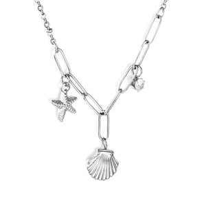 10.2 x 10.7mm Shell + 9 x 12.7mm Starfish + 4.2mm Cylindrical White Diamond 42+5cm + 10 x 3cm Necklace Steel/Gold