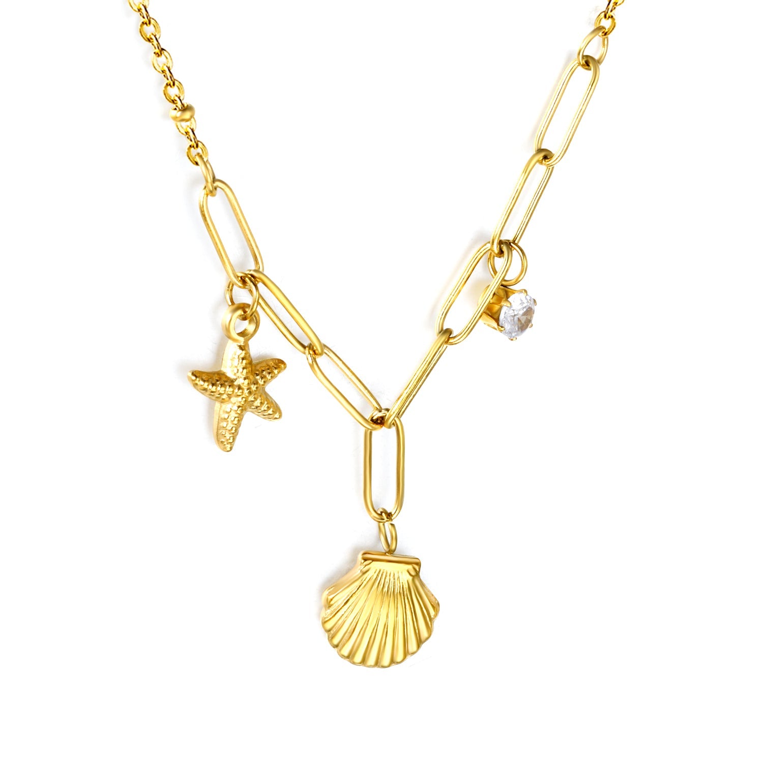 10.2*10.7mm shell+9*12.7mm starfish+4.2mm cylindrical white diamonds 42+5cm+10*3cm necklace steel/golden asonjewelry