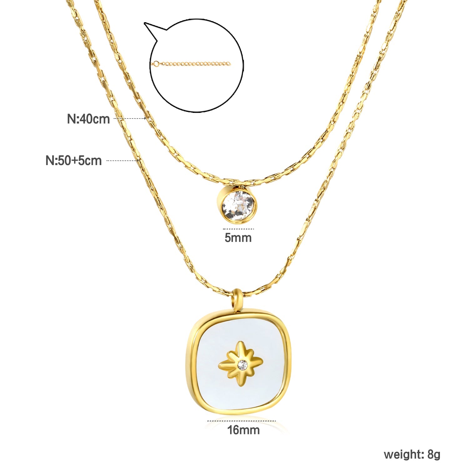 5mm cylindrical white diamond + 16mm square white diamond and white shell 0.9 hammer square chain 50+40+5cm + 6mm round tail tag double chain necklace gold asonjewelry