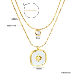 5mm cylindrical white diamond + 16mm square white diamond and white shell 0.9 hammer square chain 50+40+5cm + 6mm round tail tag double chain necklace gold