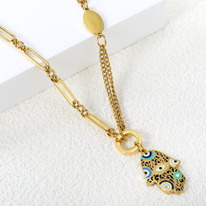 17.4*23.6mm palm with mixed color oil drops + 1 circle + 1 oval plaque with engraving + 21cm double spliced matching chain + 21cm long ring and circle matching chain necklace 45+5cm asonjewelry