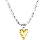 11.9 x 14.1mm heart pendant, rice grain bead chain 40+5cm + 10 x 3mm square tag, necklace, steel color