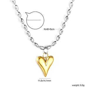 11.9 x 14.1mm heart pendant, rice grain bead chain 40+5cm + 10 x 3mm square tag, necklace, steel color