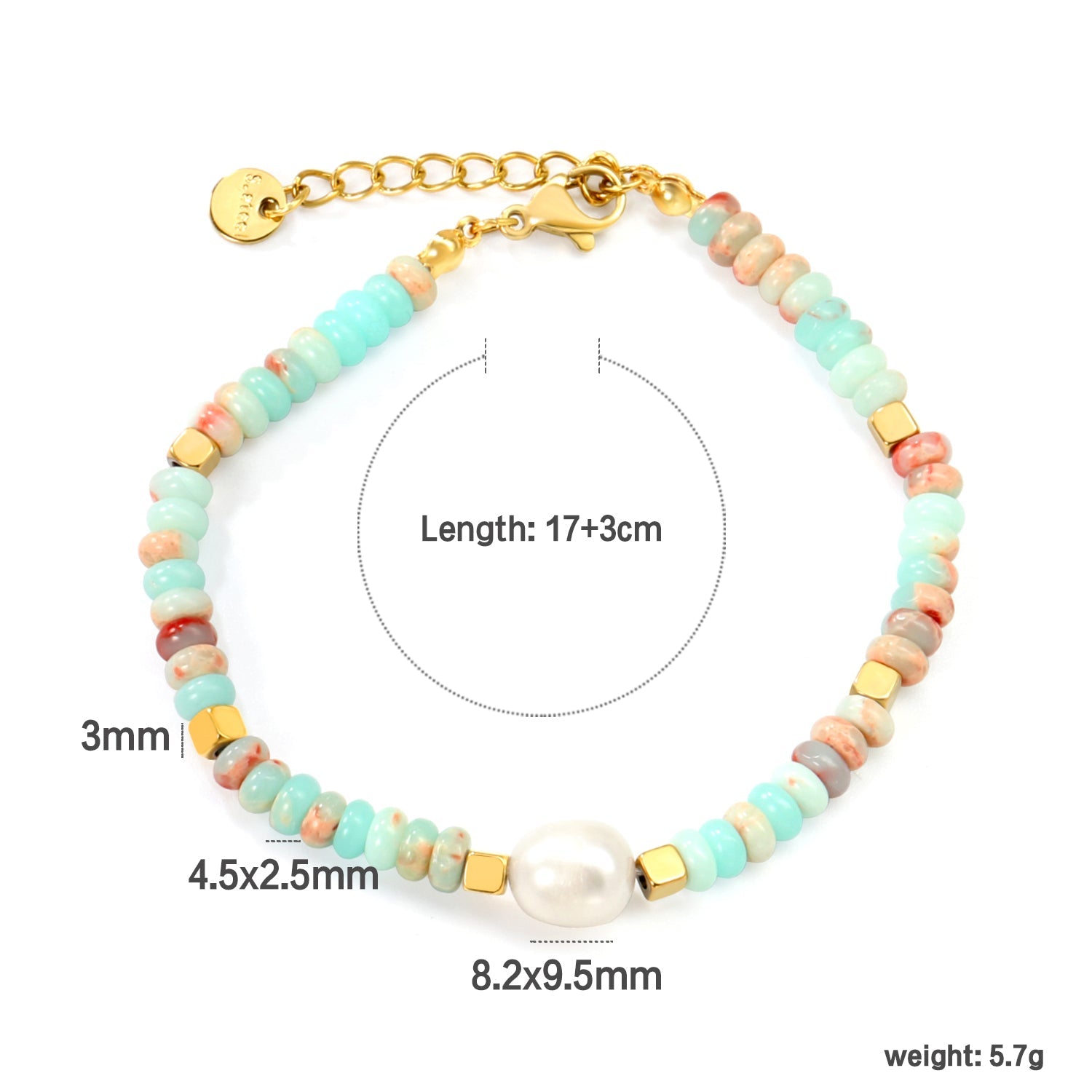 4.5*2.5mm round flat imitation Shoushan stone+3mm square+8.2*9.5mm freshwater pearl Bracelet 17+3cm+6mm round plate Gold color asonjewelry