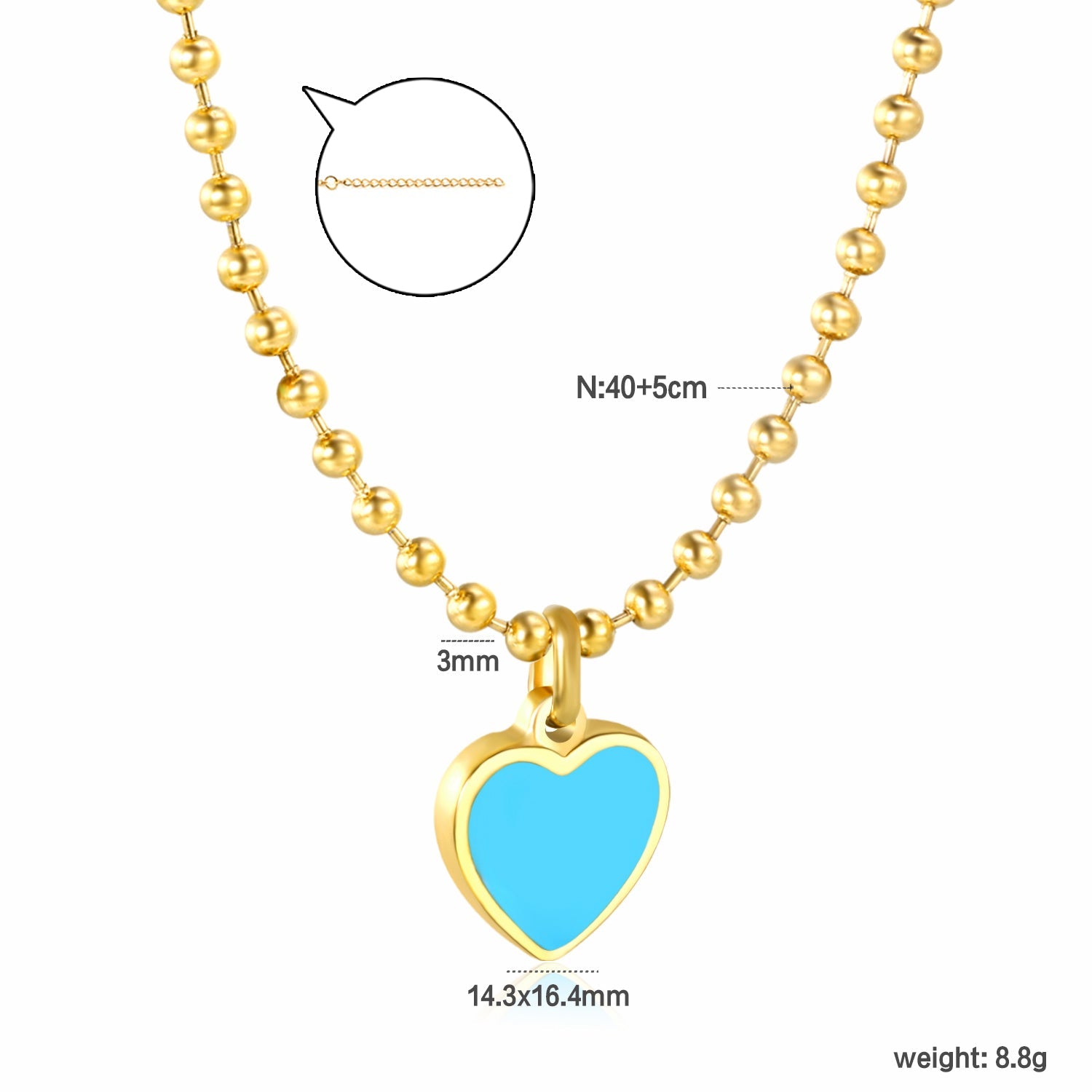 14.3x16.4mm blue teardrop heart 3mm bead chain 40+5cm + 6mm round tag necklace, gold asonjewelry